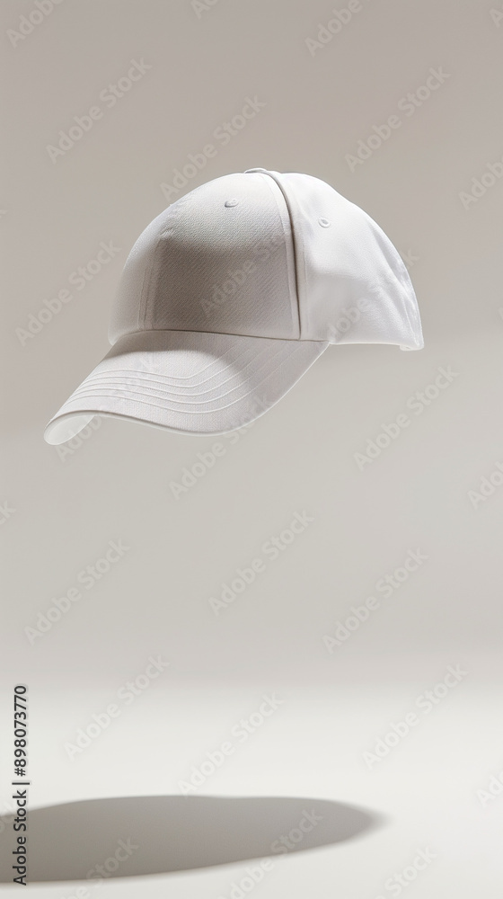 A white baseball cap floating in the air against a solid background A white baseball cap floating in the air against a solid background