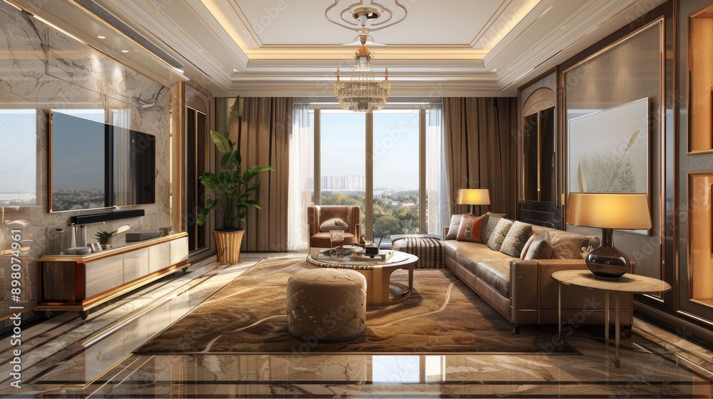 Elegant living room with large TV and ornamental plants Elegant living room with large TV and ornamental plants