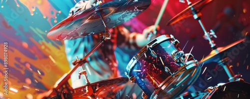 Energetic live performance of a drummer with colorful stage lights. Vibrant music concert atmosphere captured in motion.