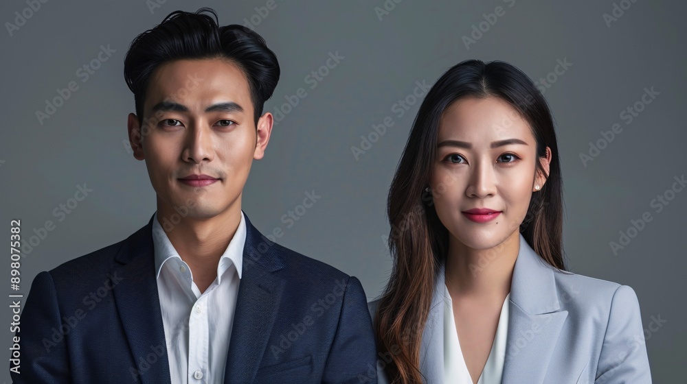 A portrait of a youthful, attractive executive alongside a seasoned Asian professional set against a neutral backdrop. A portrait of a youthful, attractive executive alongside a seasoned Asian professional set against a neutral backdrop.