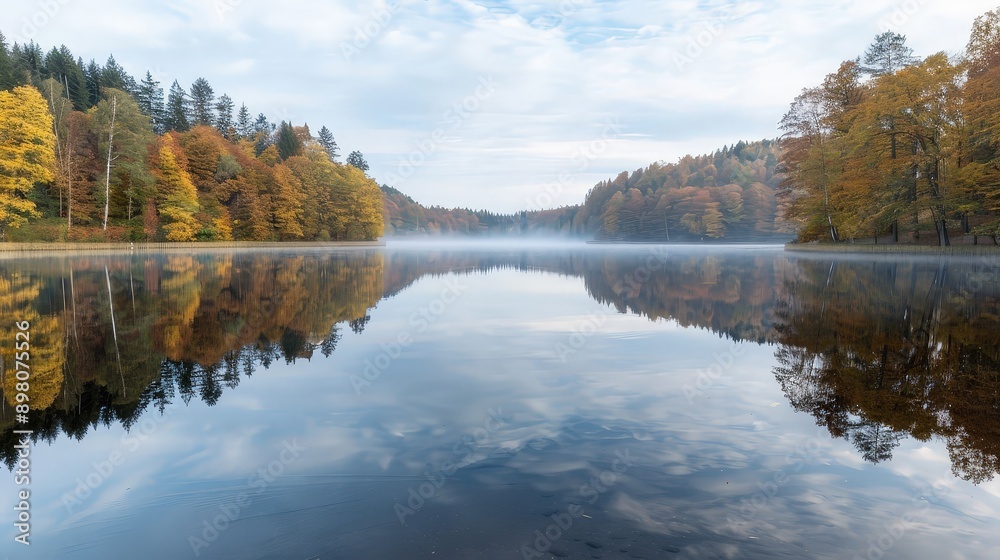 Tranquil Autumn Morning at Misty Lake - Panoramic View of Vibrant Trees with Soft Hues and Deep Depth of Field Tranquil Autumn Morning at Misty Lake - Panoramic View of Vibrant Trees with Soft Hues and Deep Depth of Field