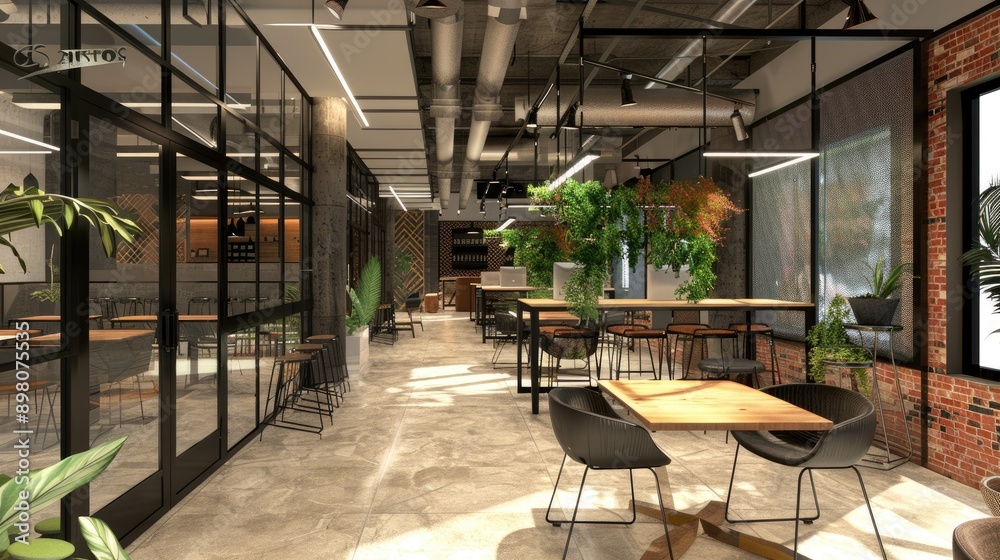 empty cafe with natural green theme interior empty cafe with natural green theme interior