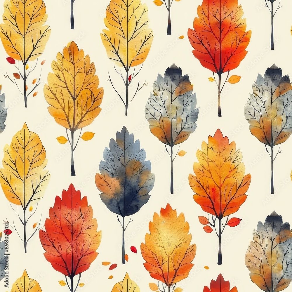 A painting of trees with leaves in various colors, including red, orange A painting of trees with leaves in various colors, including red, orange