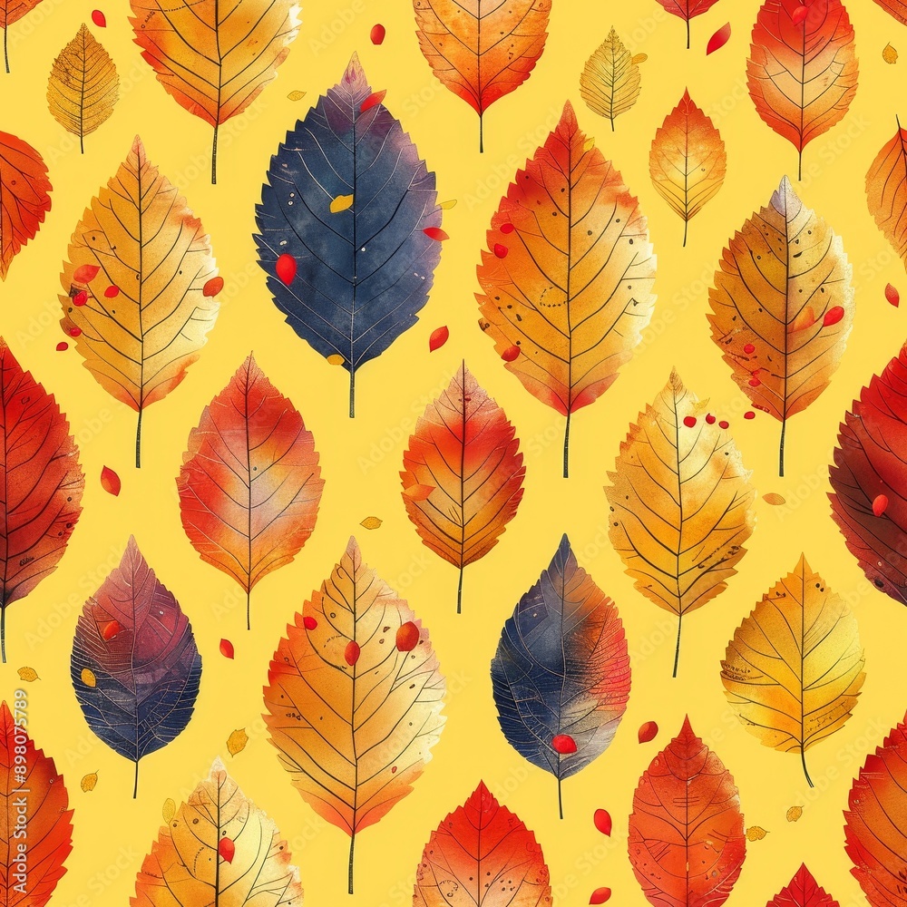 Obraz premium A yellow background with a pattern of leaves in various colors