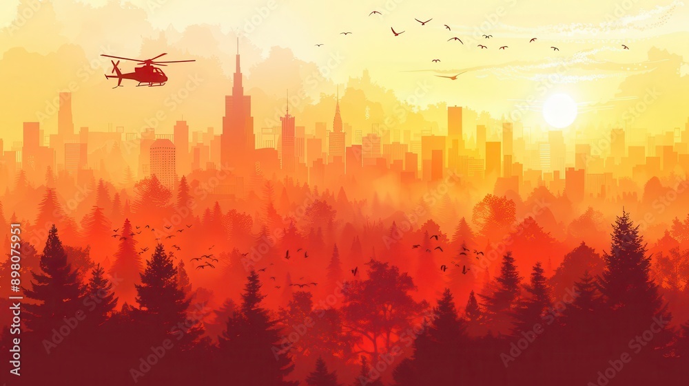 Obraz premium A scenic sunset view featuring mountains, a helicopter, and a vibrant city skyline engulfed in warm hues of orange and red.