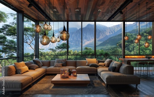 Modern Mountain View Living Room with Sectional Sofa and Pendant Lights - Interior Design, Mountain View, Sectional Sofa, Pendant Lights, Wood Floor, Luxury Living, Cozy Home