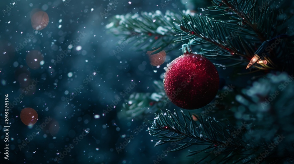 Obraz premium Red Christmas Ornament on Snowy Pine Tree Branch with Festive Lights in Winter Night