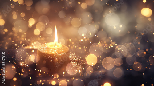 a candle with a tall, flickering flame surrounded by a dreamy, abstract bokeh effect