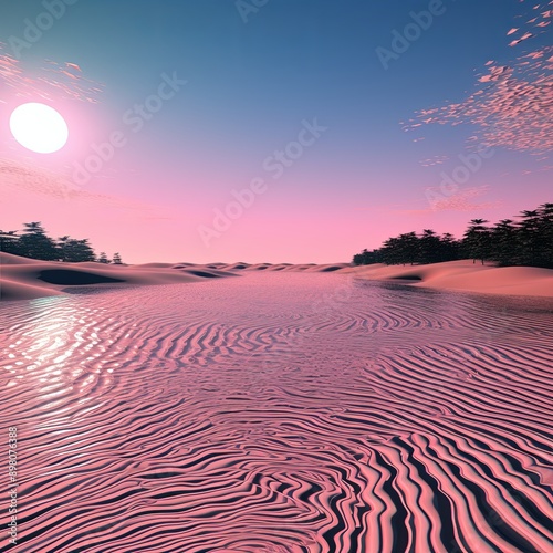 The rippled pink sand dunes stretch as far as the eye can see, with a large sun setting in the background. There is water in the foreground and trees dot the horizon. photo