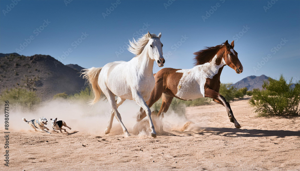 砂漠地帯に2頭の馬が走っています。1頭は白馬でもう1頭は白と茶色のブチのアパルーサです。2頭ともものすごい砂煙を上げながらまるでレースしているかのような激しい走り。