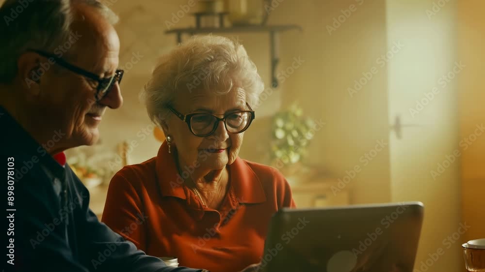 Senior couple using tablet computer at home, exploring digital technology together