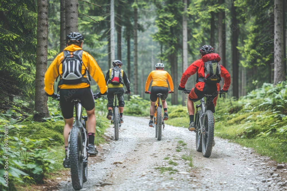 Group of friends enjoying a leisurely bike ride through picturesque forest trails Group of friends enjoying a leisurely bike ride through picturesque forest trails