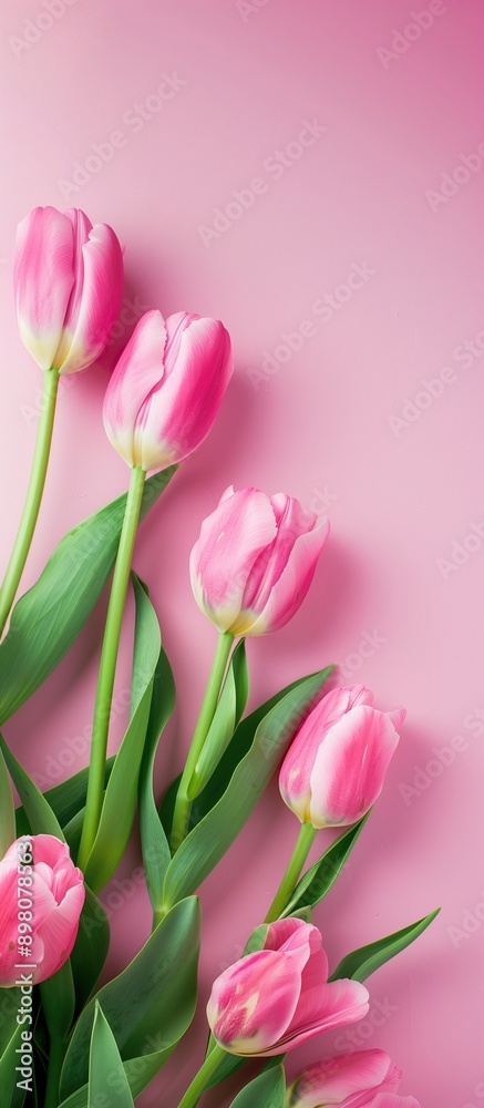 Naklejka premium Beautiful pink tulips on a light pink background. Concept for expressing love, springtime joy, and special occasions. Space for text. Copy space.