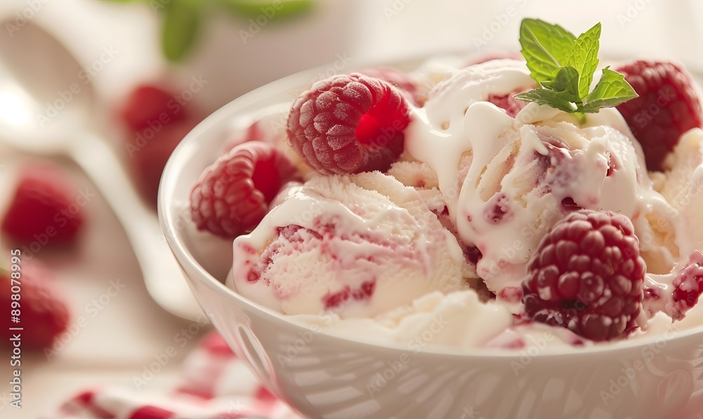 bowl of ice cream topped with fresh raspberries, Generative AI bowl of ice cream topped with fresh raspberries, Generative AI