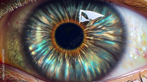 Extreme close up of a blue human dilated pupil looking around.