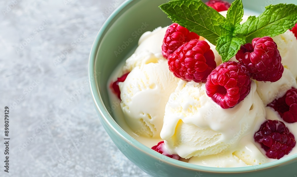 bowl of ice cream topped with fresh raspberries, Generative AI bowl of ice cream topped with fresh raspberries, Generative AI
