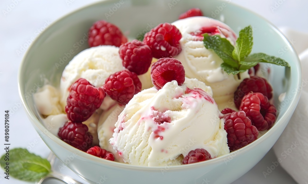 bowl of ice cream topped with fresh raspberries, Generative AI bowl of ice cream topped with fresh raspberries, Generative AI