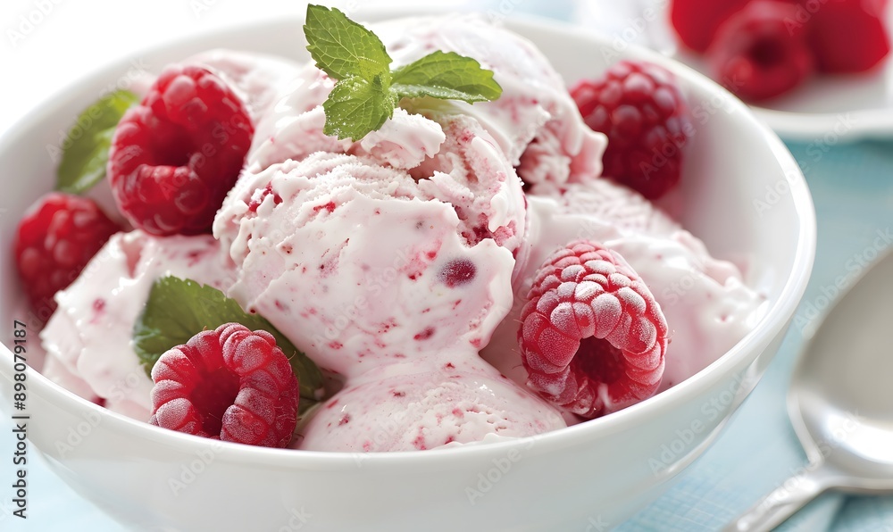 bowl of ice cream topped with fresh raspberries, Generative AI bowl of ice cream topped with fresh raspberries, Generative AI