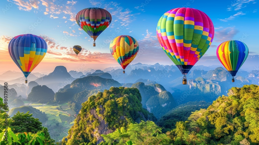 Fototapeta premium Colorful hot air balloons drifting over sunset mountains and meadows for a picturesque view