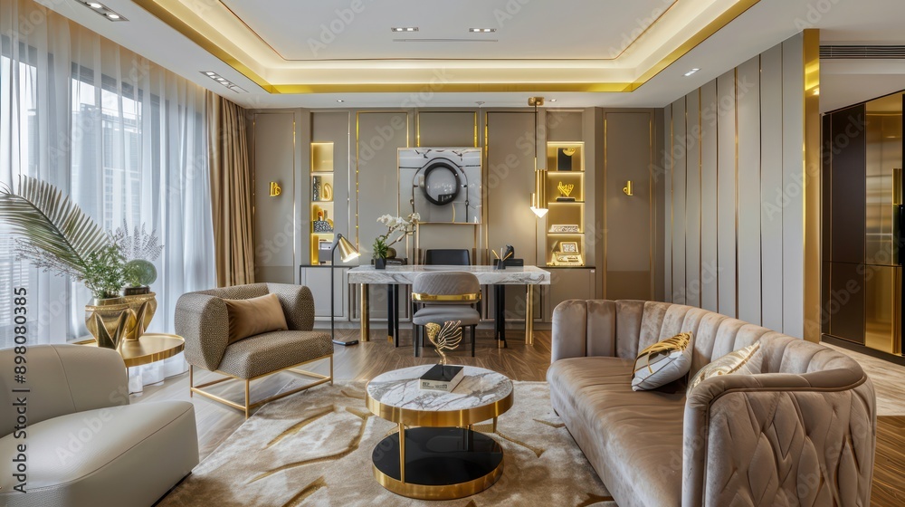 chic and stylish apartment with a dedicated office space, featuring gold accents, a marble desk, and plush seating chic and stylish apartment with a dedicated office space, featuring gold accents, a marble desk, and plush seating