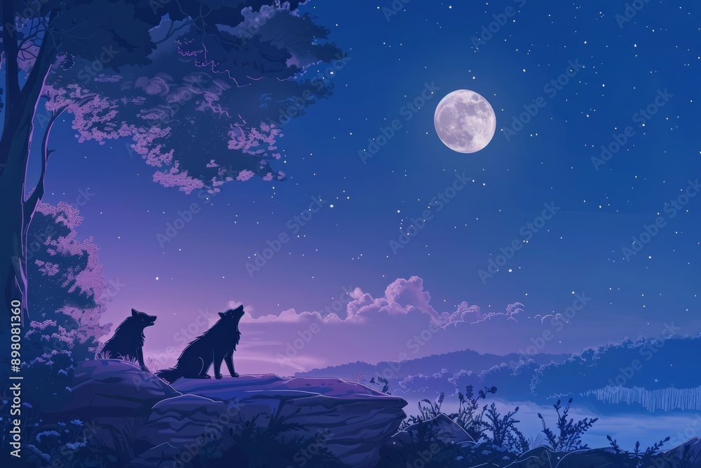 Wolves howling at the moon, cozy vibe, Generative AI Wolves howling at the moon, cozy vibe, Generative AI