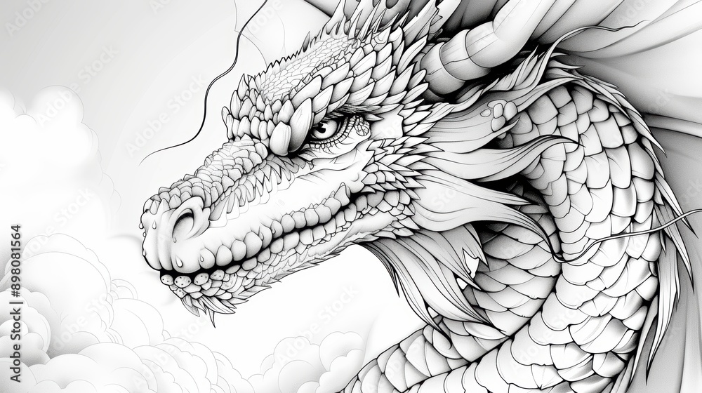 A detailed black and white illustration of a dragon, designed with very easy coloring in mind, showcasing crisp lines and clean outlines for a stress-relieving coloring session. A detailed black and white illustration of a dragon, designed with very easy coloring in mind, showcasing crisp lines and clean outlines for a stress-relieving coloring session.