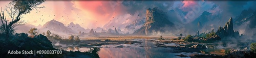 Beautiful Fantasy Landscape with Trees and Rocky Limestone Cliffs. Creative Natural Background with Reflective Lake. Panoramic Nature Concept. photo