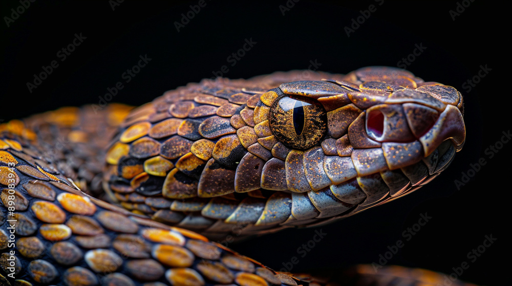 Close-up of calm snake on dark background Close-up of calm snake on dark background