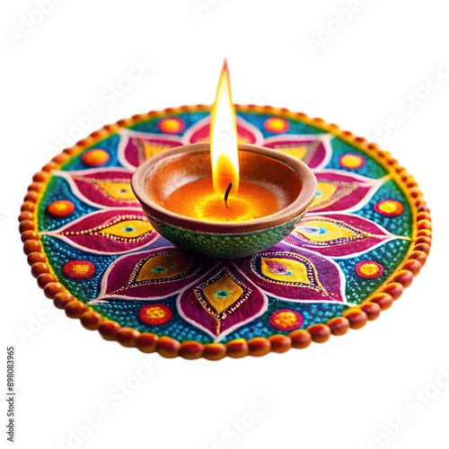 traditional oil lamp with colorful Rangoli design