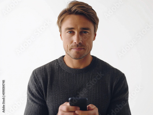 Young Man Using a Smartphone Against a White Background photo