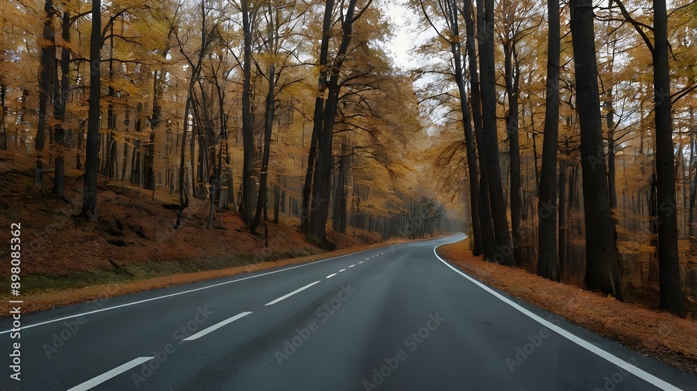 A solitary road runs through an autumn forest, its empty stretch bordered by trees in peak fall colors, creating a picturesque and calming scene. A solitary road runs through an autumn forest, its empty stretch bordered by trees in peak fall colors, creating a picturesque and calming scene.