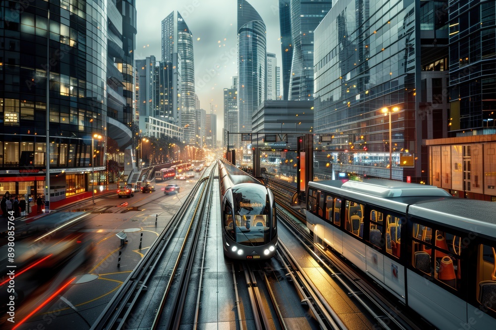 Obraz premium A bustling urban scene featuring futuristic public transportation systems like autonomous high-speed trains