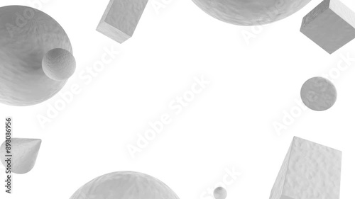 3D render of primitives objects with rough stone material on white background, 4K abstract seamless loop animated template, live wallpaper photo