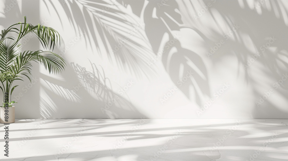 Blank empty white wall and floor studio with natural leaves shadow overlay mockup background for design, product montage display Blank empty white wall and floor studio with natural leaves shadow overlay mockup background for design, product montage display