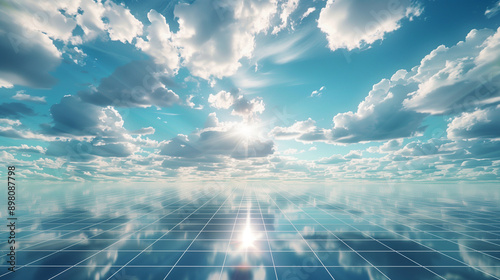 Virtual reality landscape a sparse digital grid under a vast sky conveying boundless virtual possibilities ar 169