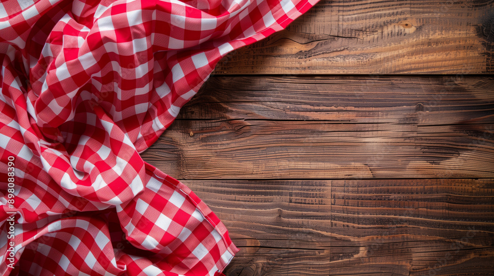 Fototapeta premium Top view of red checkered tablecloth on blank empty wooden table background, food concept