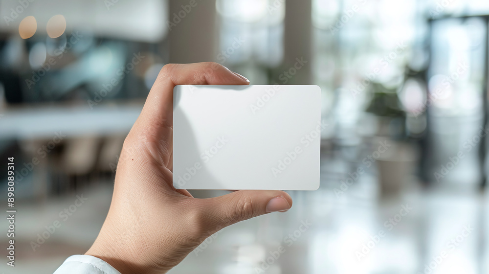 A businessman holding a blank business card mockup against the background of an office A businessman holding a blank business card mockup against the background of an office
