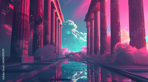 Parthenon construction with cloud sky in retrowave city pop design, vaporwave style colors y2k concept, Generative Ai. photo