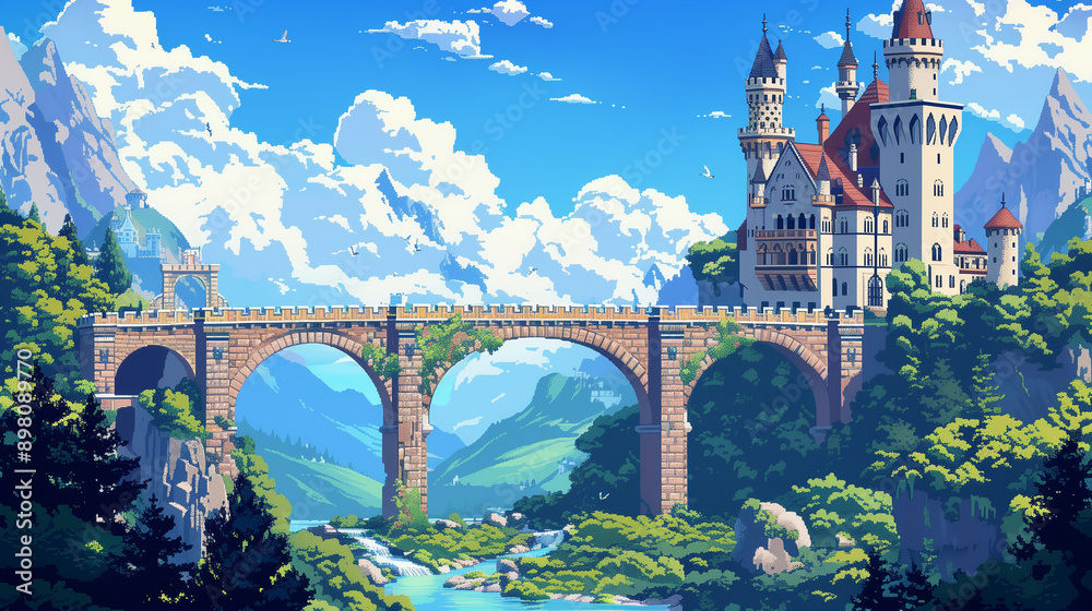 Fototapeta premium Colorful 16-bit pixel art castle perched atop an arch bridge with a scenic backdrop