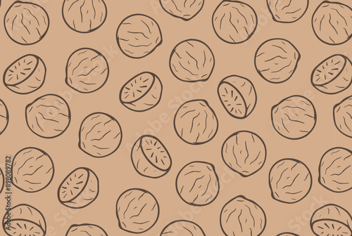 Nutmeg seamless pattern. Aromatic spice. Beige vector background. Hand drawn seeds wallpaper.  