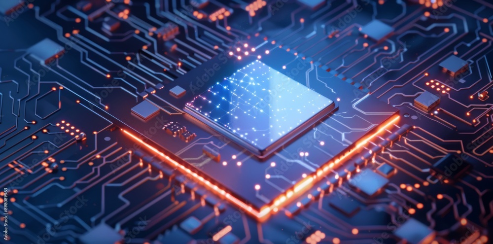 A microchip with embedded solar panels set against a desert landscape illustrates the integration of sustainable energy technology. A microchip with embedded solar panels set against a desert landscape illustrates the integration of sustainable energy technology.