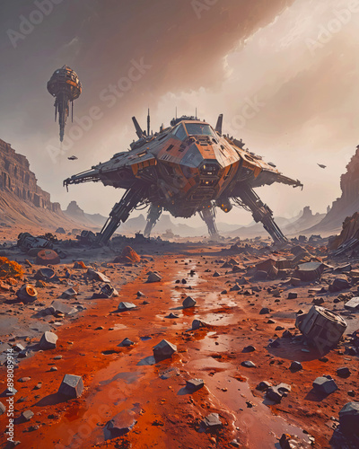 A small spaceship at rest on land in a copper-colored stream against a moody dusty sky with smaller spacecraft hovering