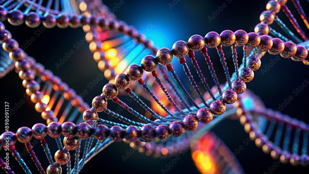 A close-up of a double helix DNA strand with a dark background, showcasing the intricate ladder-like structure and the twisting patterns of nucleotides in vibrant colors. A close-up of a double helix DNA strand with a dark background, showcasing the intricate ladder-like structure and the twisting patterns of nucleotides in vibrant colors.