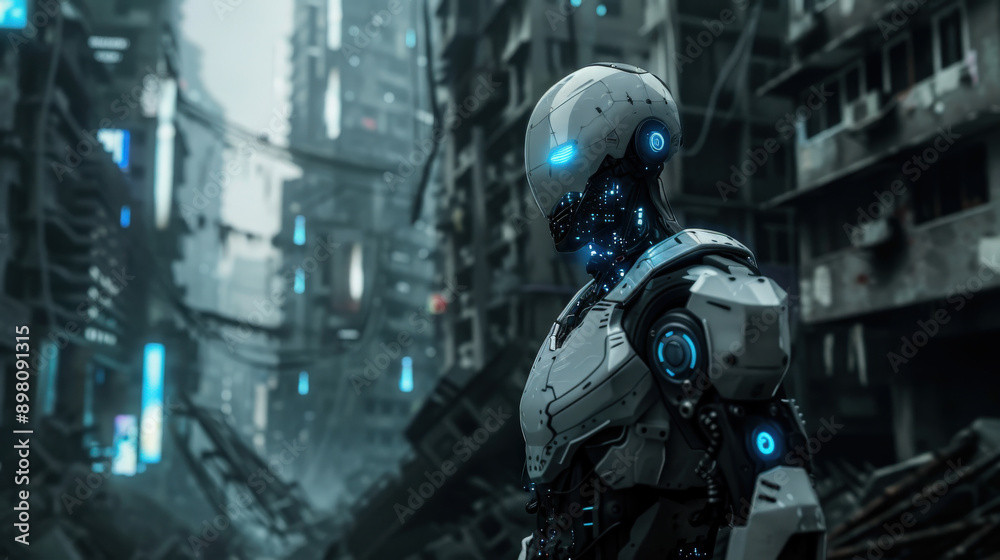Futuristic Robotic Figure in Neon-Lit Night Cityscape 