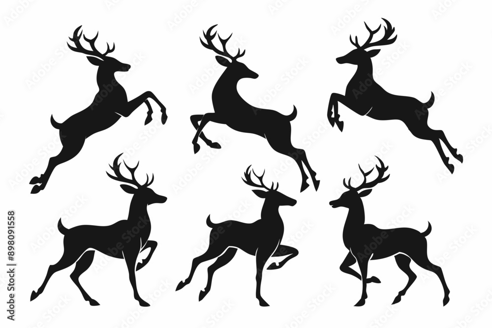Obraz premium Deer silhouettes set vector illustration, black deer silhouette icon bundle