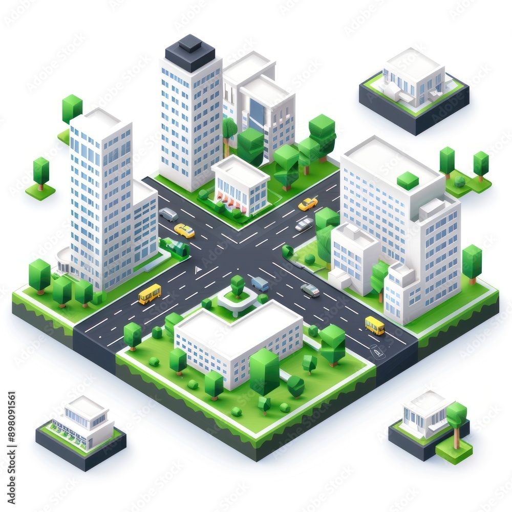 Futuristic Isometric Urban Layout with Modern Buildings and Cars on White Background - Vector Illustration, Generative Ai Futuristic Isometric Urban Layout with Modern Buildings and Cars on White Background - Vector Illustration, Generative Ai