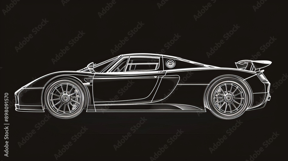 A cool sports car is outlined against a black background. A cool sports car is outlined against a black background.