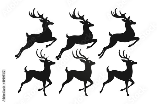 Deer silhouettes set vector illustration, black deer silhouette icon bundle

