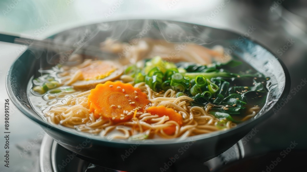 Delicious Savory Ramen Cooking in Pot with Fresh Vegetables in Vibrant Broth - Close-up Kitchen Scene Delicious Savory Ramen Cooking in Pot with Fresh Vegetables in Vibrant Broth - Close-up Kitchen Scene