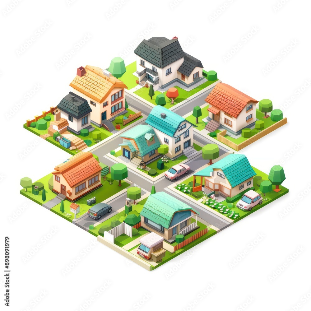 Modern Isometric Neighborhood with Detailed Roads and Car Vector Illustration, Generative Ai Modern Isometric Neighborhood with Detailed Roads and Car Vector Illustration, Generative Ai